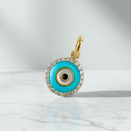 14k Solid Gold Diamond Evil Eye  Charm Pendant, Turquoise & Onyx Protection Charm