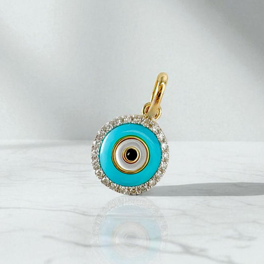 14k Solid Gold Diamond Evil Eye Pendant, Turquoise & Onyx Protection Charm