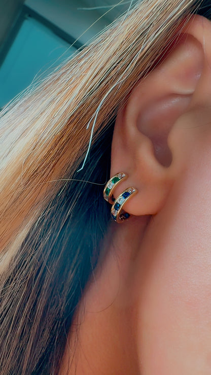 14k Solid Gold Emerald Diamond Huggie Hoop Earrings