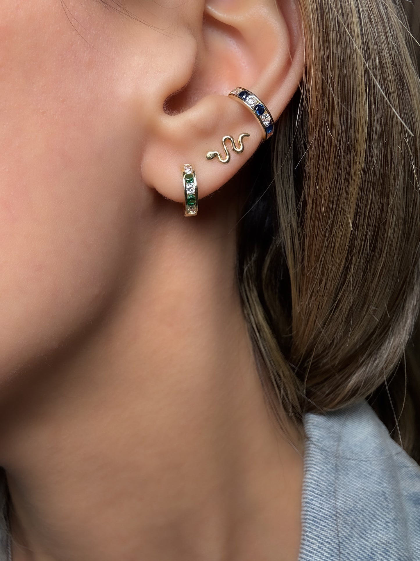 14k Solid Gold with Sapphire and Diamond Huggie Hoop Earring