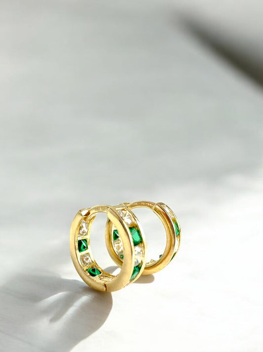 14k Solid Gold Emerald Diamond Huggie Hoop Earrings