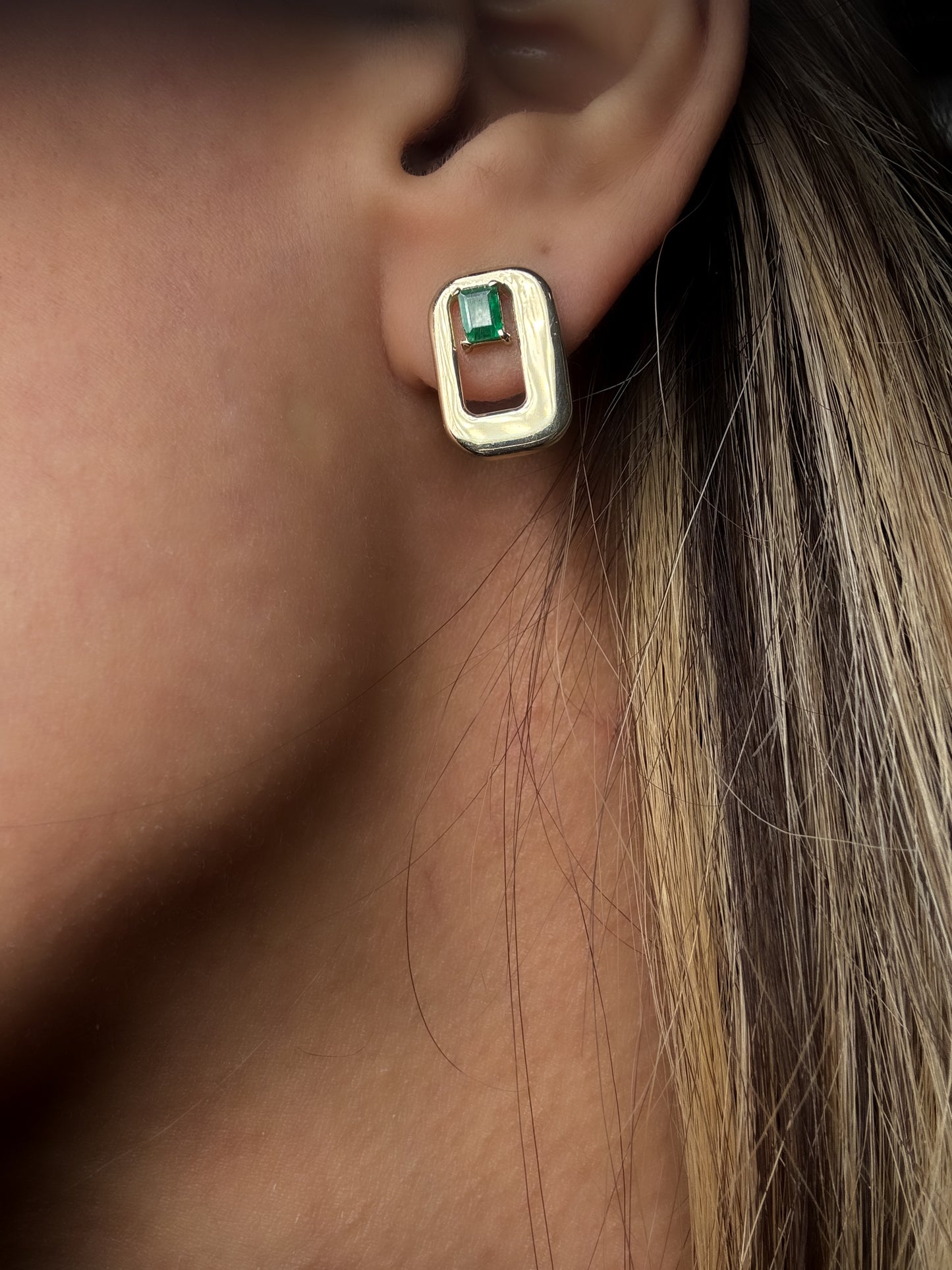 14k Solid Gold Natural Emerald Earrings - Geometric Design Earrings