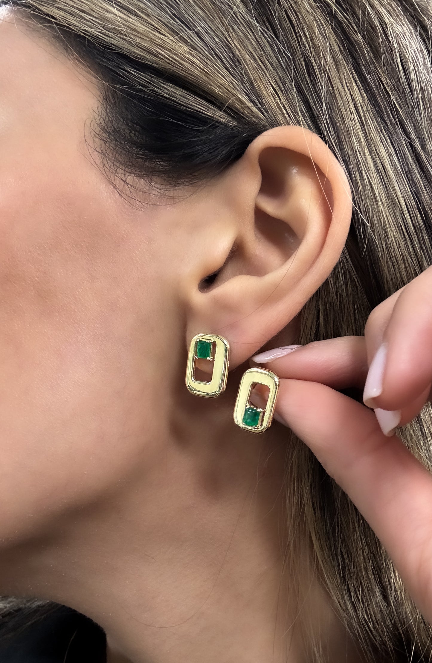 14k Solid Gold Natural Emerald Earrings - Geometric Design Earrings