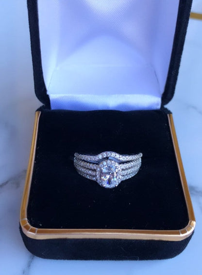 Oval Cut Halo Sterling Silver Engagement Ring With Matching Band, Size 7