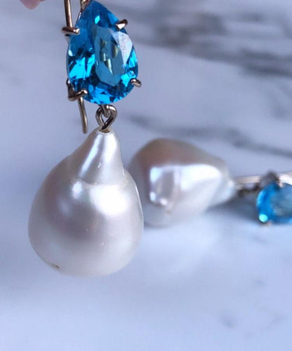 14k Solid Gold Blue Topaz & Baroque Pearl Earrings