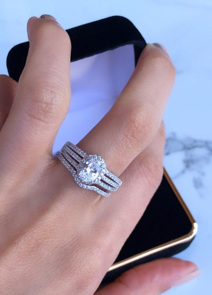 Oval Cut Halo Sterling Silver Engagement Ring With Matching Band, Size 7