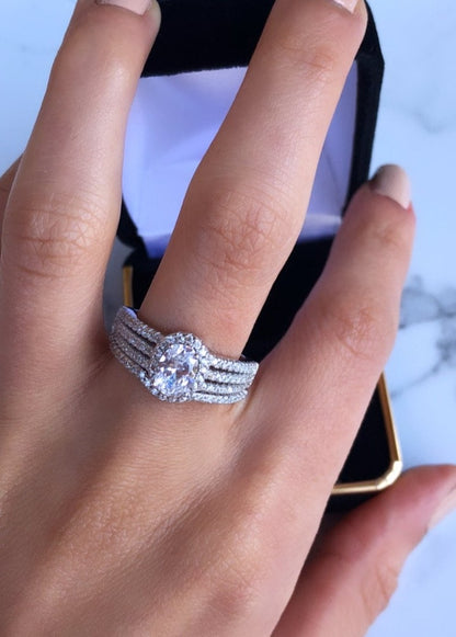 Oval Cut Halo Sterling Silver Engagement Ring With Matching Band, Size 7