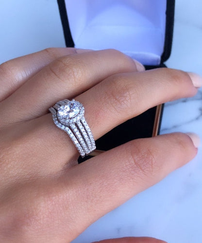 Oval Cut Halo Sterling Silver Engagement Ring With Matching Band, Size 7