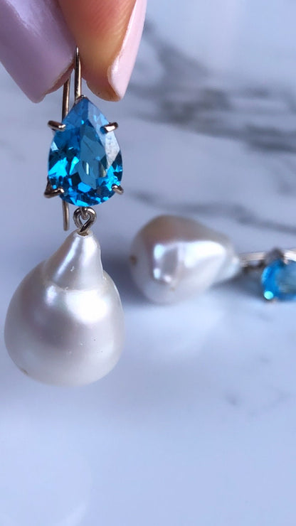14k Solid Gold Blue Topaz & Baroque Pearl Earrings
