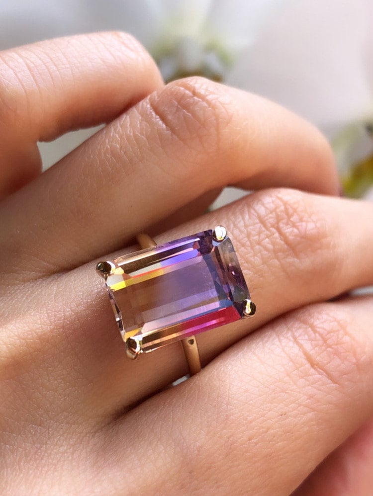 Natural Emerald-Cut Ametrine Solitaire Ring in Solid Gold