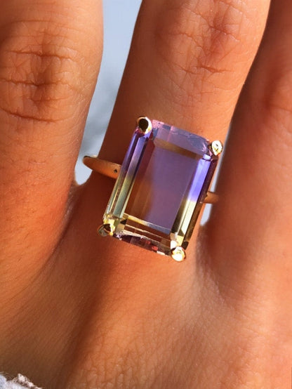 Natural Emerald Cut Ametrine Solitaire Ring 14k Solid Gold