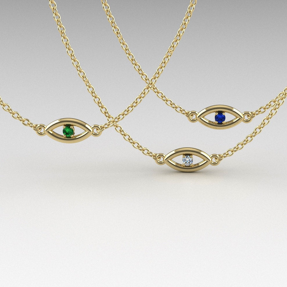 Evil Eye Necklace In Solid Gold, Emerald, Diamond, Sapphire Necklace