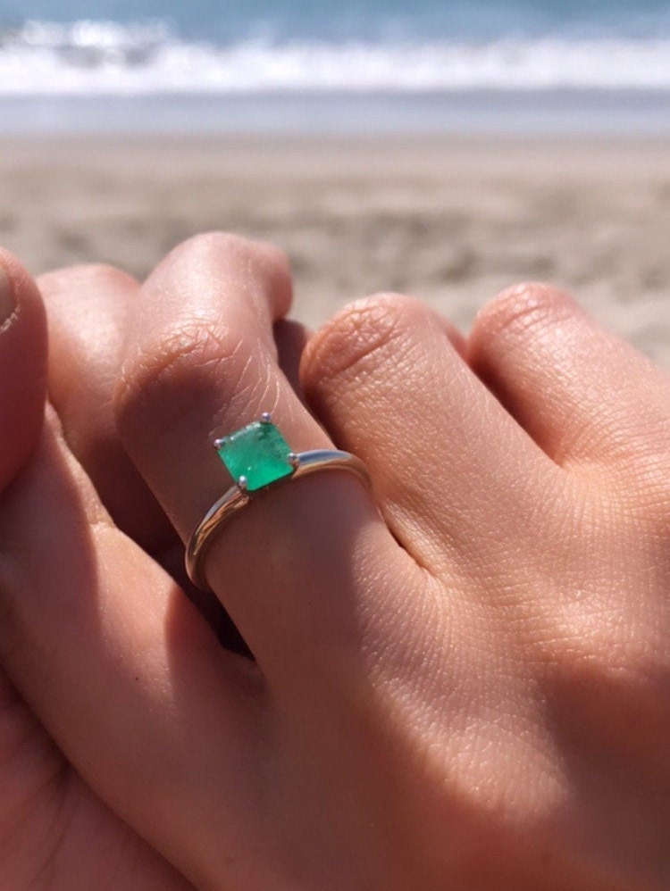 Natural Colombian Emerald Solitaire Ring In Solid Gold