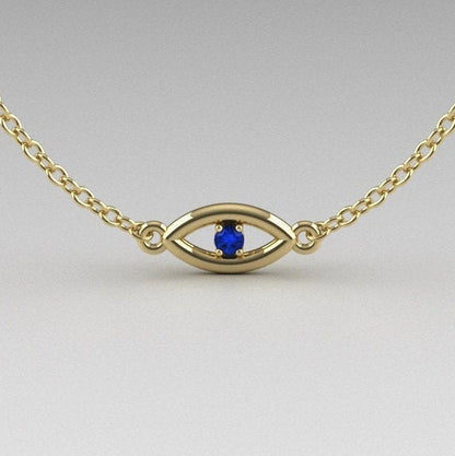 14k Solid Gold Evil Eye Bracelet with Diamond, Emerald or Sapphire Gemstone