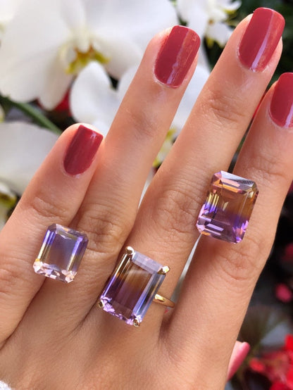 Natural Emerald Cut Ametrine Solitaire Ring 14k Solid Gold