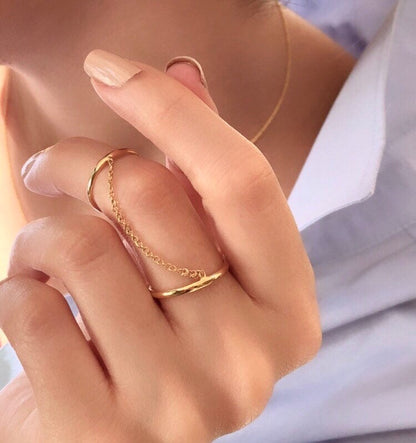 14k Gold Double Band Chain Ring – Minimalist Stacking Ring, Modern Statement Ring
