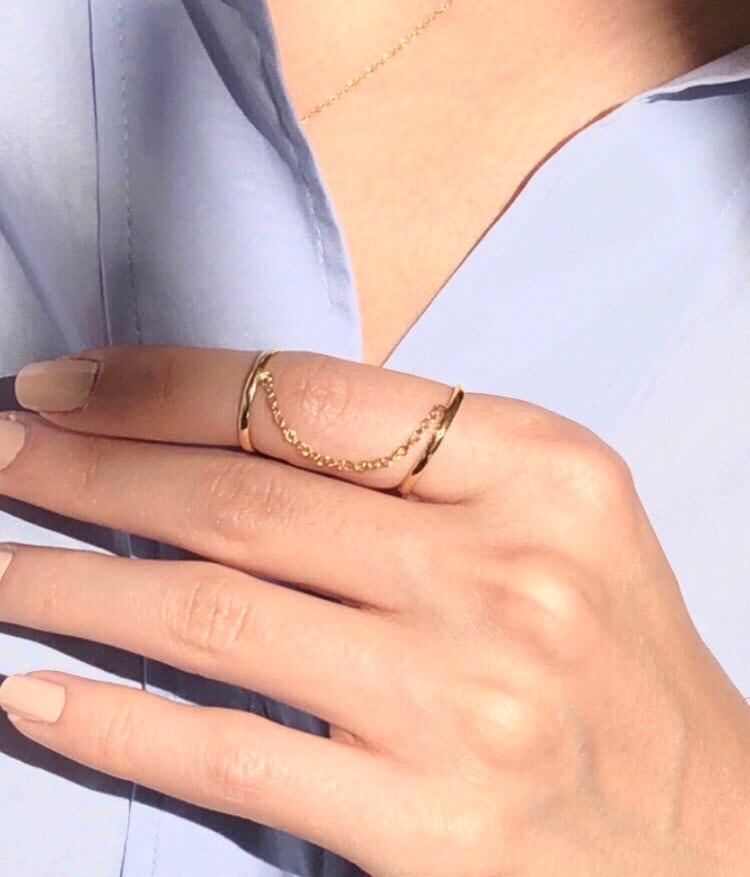 Solid 14k Gold Knuckle Ring With Chain