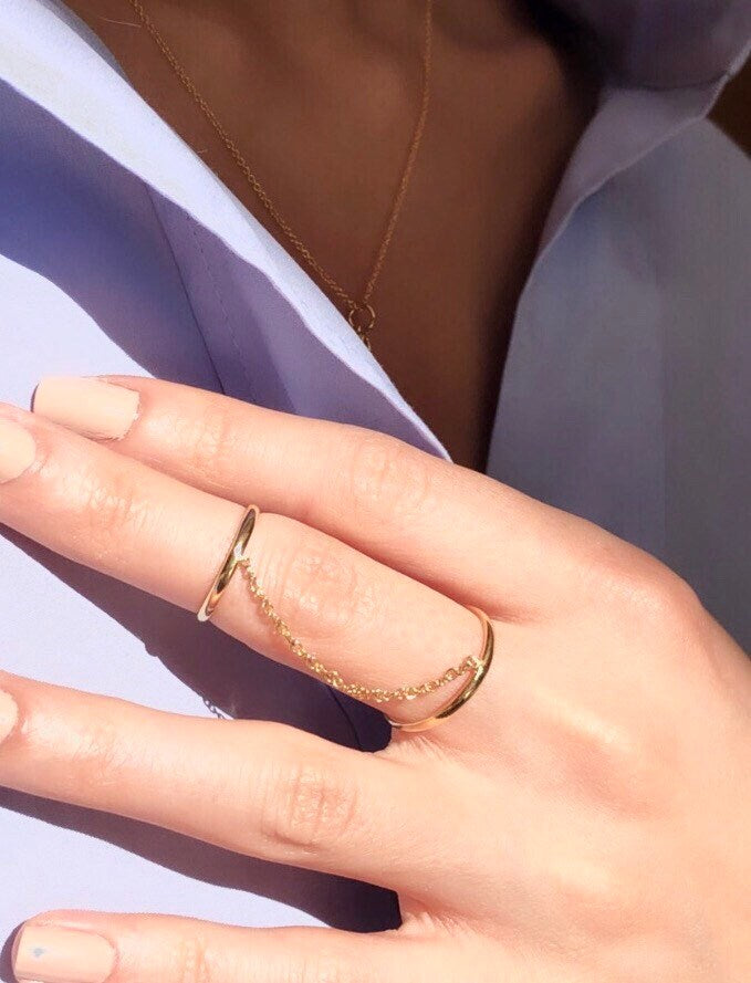 Solid 14k Gold Knuckle Ring With Chain