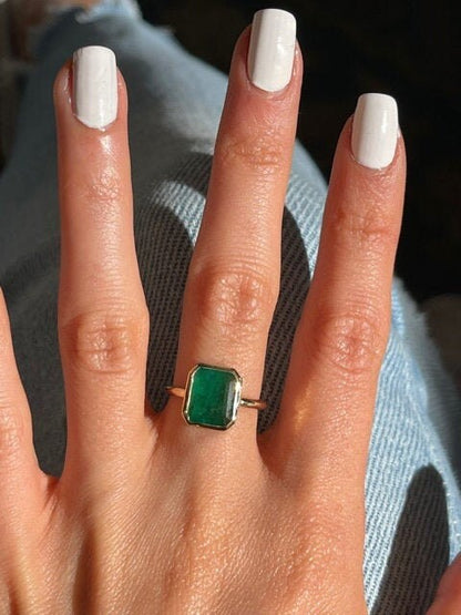 Natural Emerald Bezel Setting Solitaire Ring in 14k Solid Gold