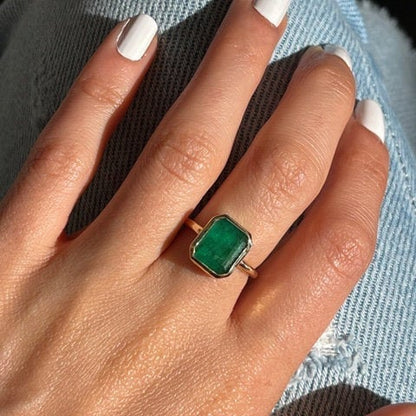 Natural Emerald Bezel Setting Solitaire Ring in 14k Solid Gold