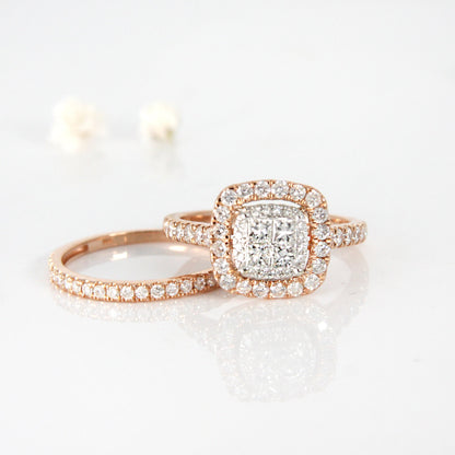Princess Cut Cluster Halo Ring in 14k Rose Gold, Cushion Style Engagement Ring