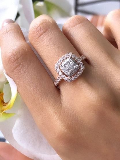 Princess Cut Cluster Halo Ring in 14k Rose Gold, Cushion Style Engagement Ring