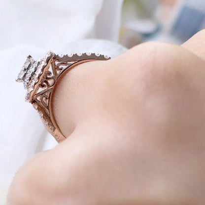 Princess Cut Cluster Halo Ring in 14k Rose Gold, Cushion Style Engagement Ring