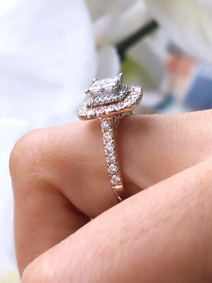 Princess Cut Cluster Halo Ring in 14k Rose Gold, Cushion Style Engagement Ring