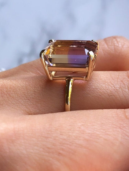 Natural Emerald Cut Ametrine Solitaire Ring 14k Solid Gold