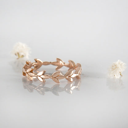 14k Solid Gold Dainty Leaf Full Eternity Wedding Band
