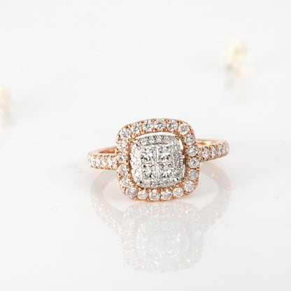 Princess Cut Cluster Halo Ring in 14k Rose Gold, Cushion Style Engagement Ring