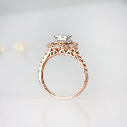 Princess Cut Cluster Halo Ring in 14k Rose Gold, Cushion Style Engagement Ring