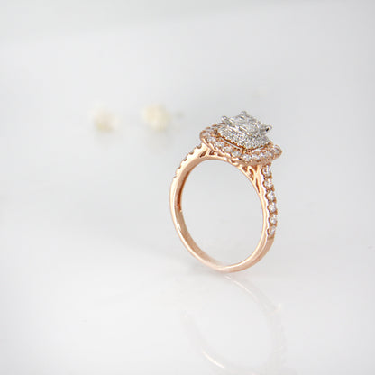 Princess Cut Cluster Halo Ring in 14k Rose Gold, Cushion Style Engagement Ring