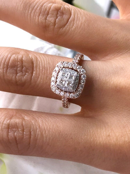 Princess Cut Cluster Halo Ring in 14k Rose Gold, Cushion Style Engagement Ring