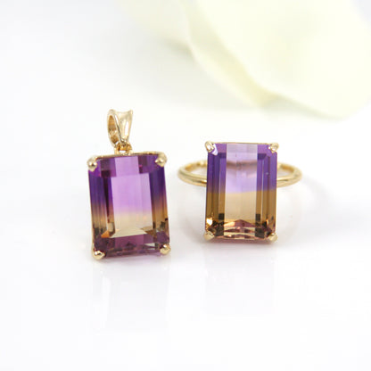 Natural Emerald Cut Ametrine Solitaire Pendant in 14k Solid Gold
