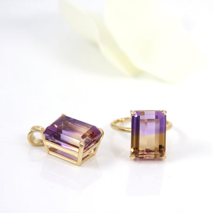 Natural Emerald Cut Ametrine Solitaire Ring 14k Solid Gold