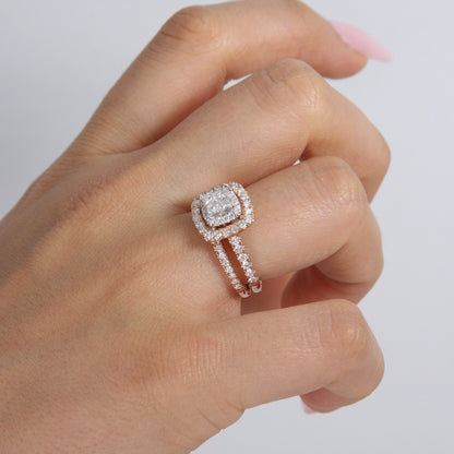 Princess Cut Cluster Halo Ring in 14k Rose Gold, Cushion Style Engagement Ring