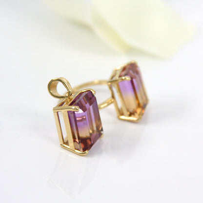 Natural Emerald Cut Ametrine Solitaire Pendant in 14k Solid Gold
