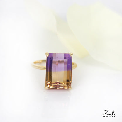 Natural Emerald Cut Ametrine Solitaire Ring 14k Solid Gold