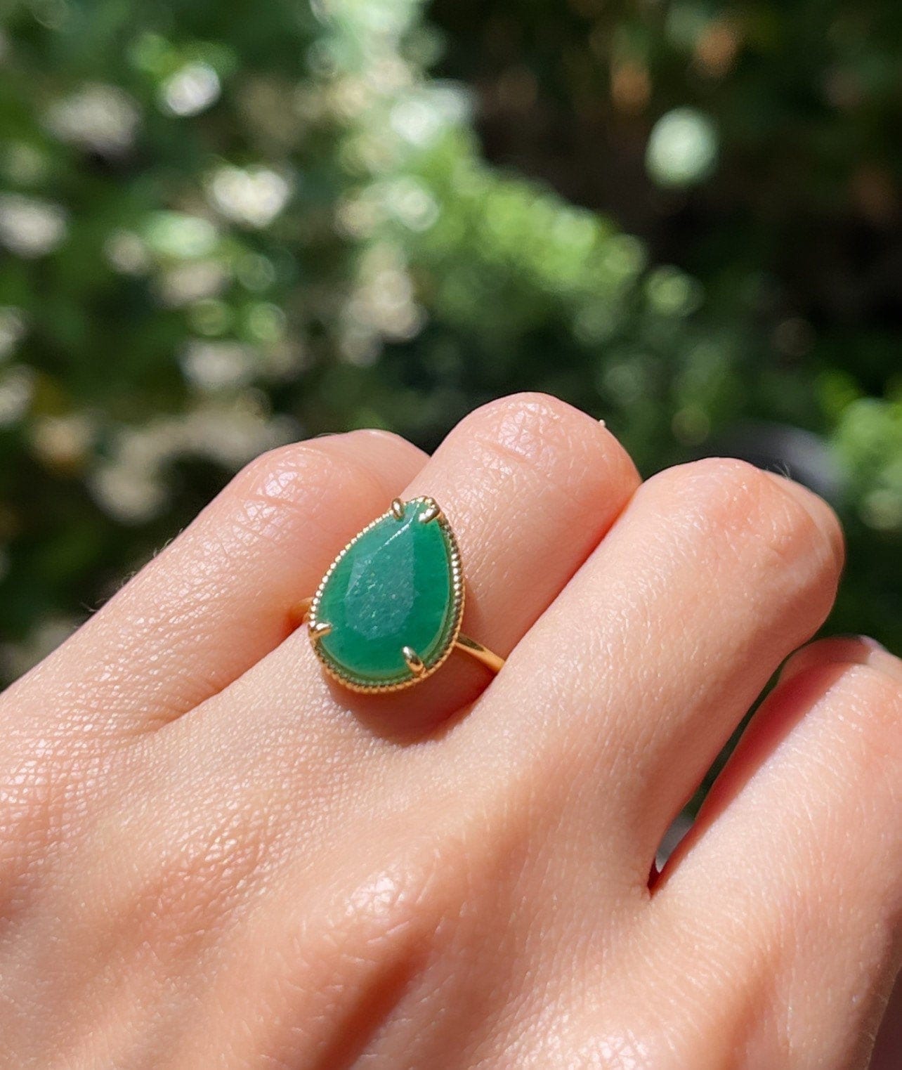 Natural Colombian Pear Shaped Emerald Solitaire Ring in Solid Gold