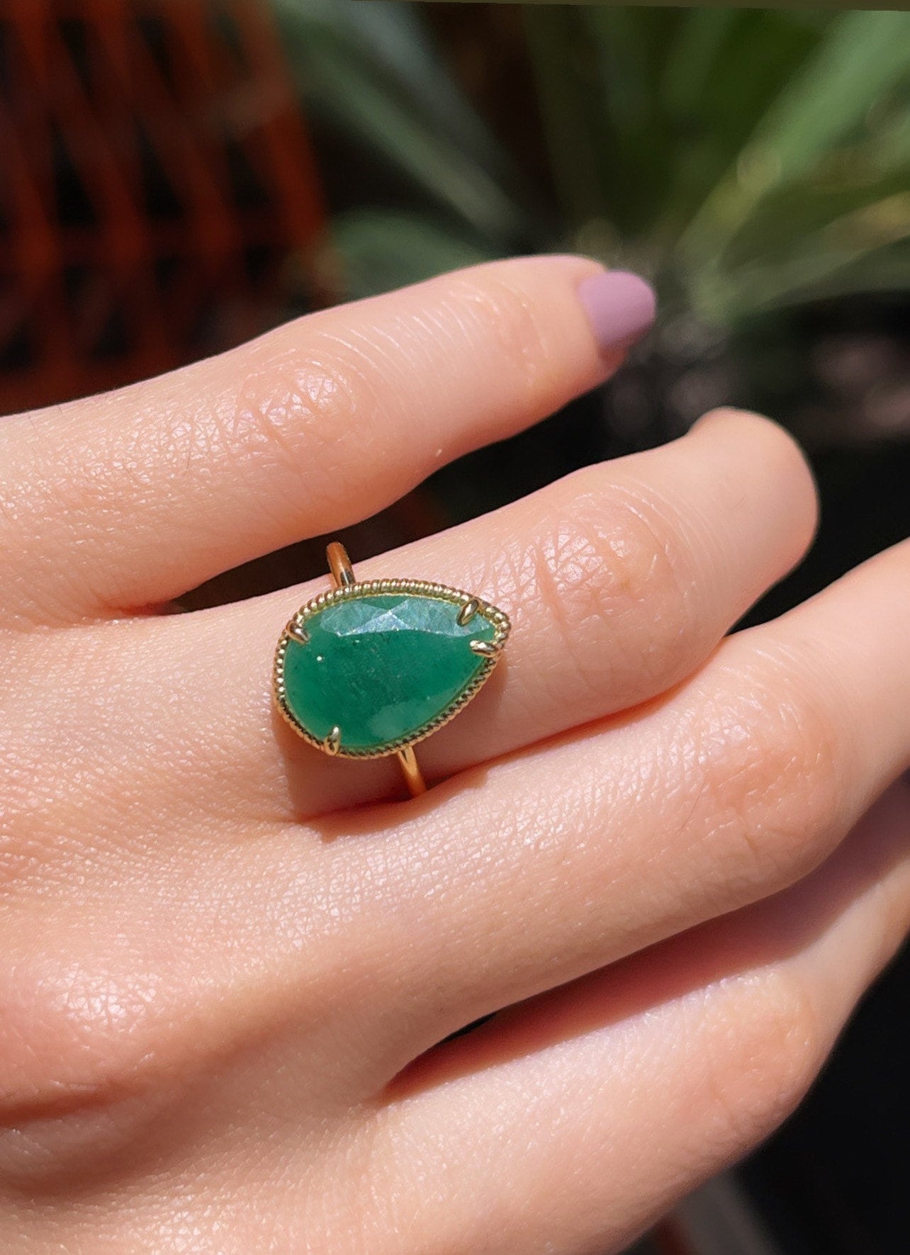 Natural Colombian Pear Shaped Emerald Solitaire Ring in Solid Gold