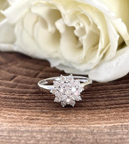 Floral Diamond Ring in Solid 14k White Gold, Cluster Engagement Ring