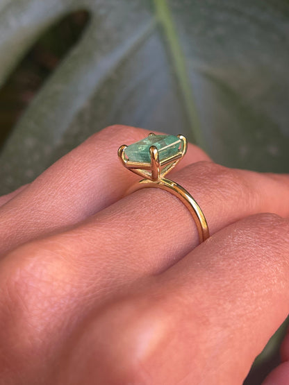 Natural Colombian Light Green Emerald Cut Emerald Solitaire Ring in Solid 14k Gold