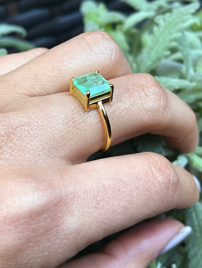 3Ct Natural Colombian Emerald-Cut Emerald Solitaire Ring in Solid Gold