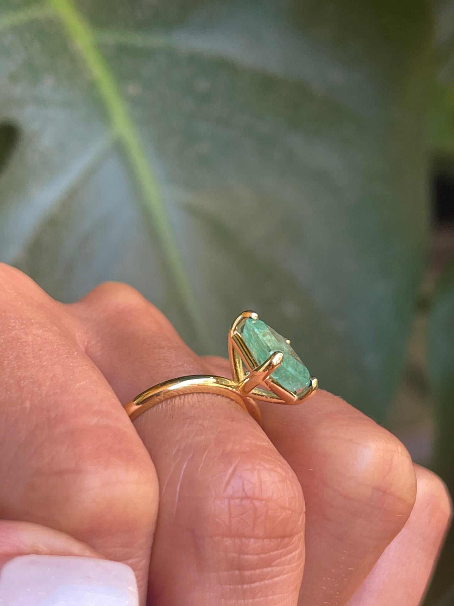 Natural Colombian Light Green Emerald Cut Emerald Solitaire Ring in Solid Gold