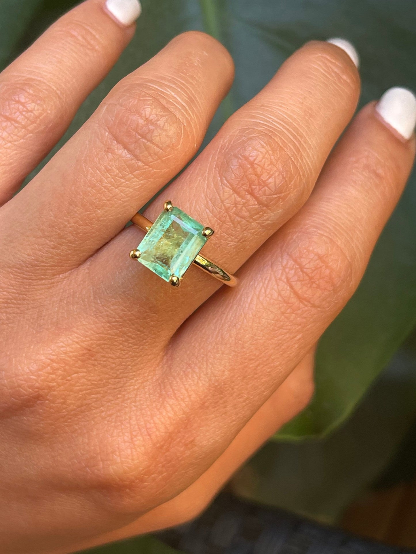 Natural Colombian Light Green Emerald Cut Emerald Solitaire Ring in Solid Gold