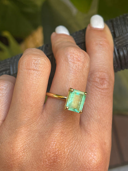 Natural Colombian Light Green Emerald Cut Emerald Solitaire Ring in Solid 14k Gold