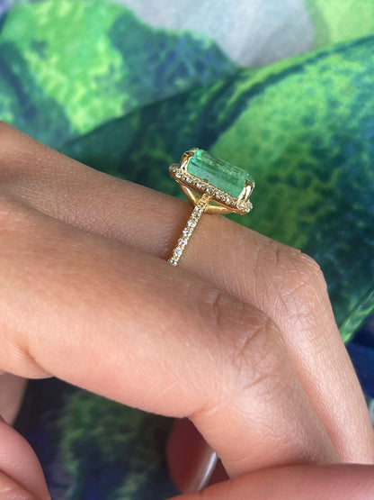 Halo Natural Colombian Emerald Ring in Solid Gold, Emerald Diamond Ring