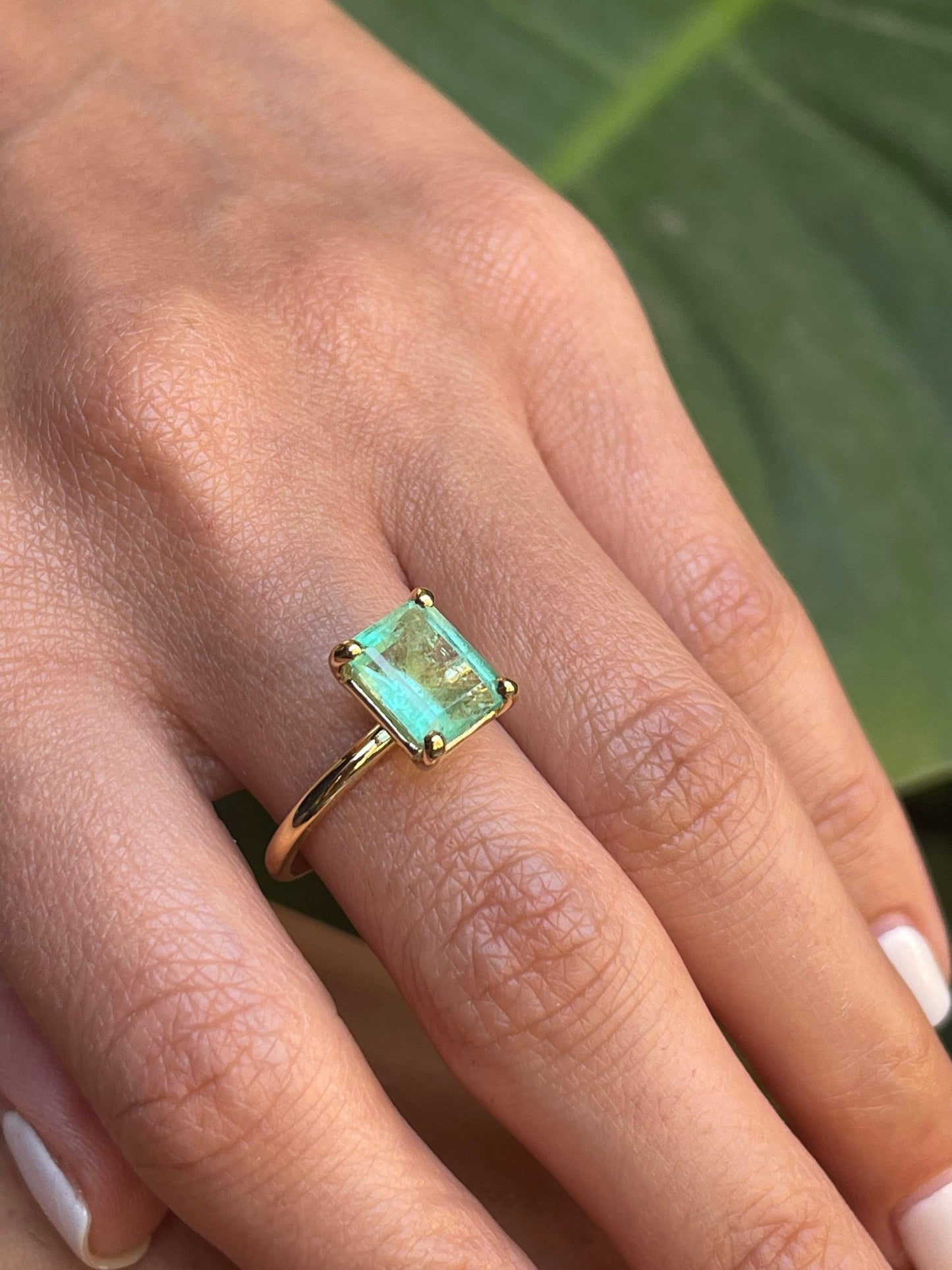 Natural Colombian Light Green Emerald Cut Emerald Solitaire Ring in Solid Gold