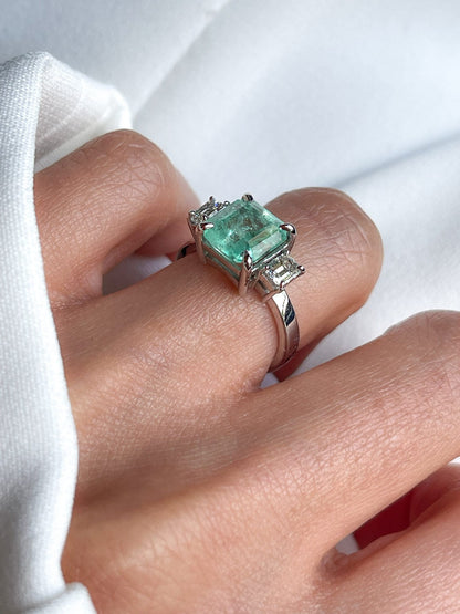 3 Stone Emerald Diamond Ring in Solid Gold, Natural Colombian Emerald & Diamond Ring